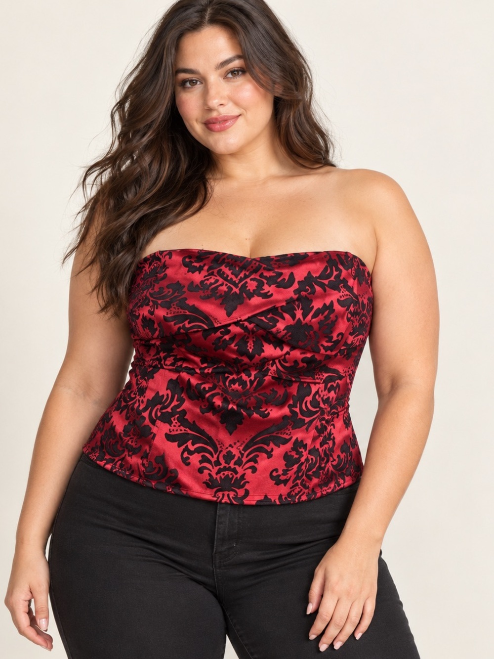 Torrid Red Black Baroque Satin Velvet Strapless Bustier Top Size 2X Gothic Party
